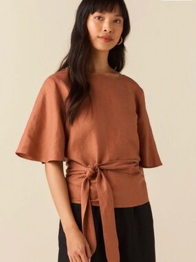 VETTA Clay Rust Linen Wrap Flutter Sleeve Blouse Top